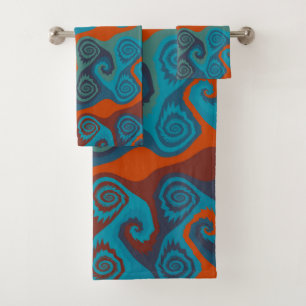 Conjunto De Toalhas Abstrato de espiral laranja e turquesa