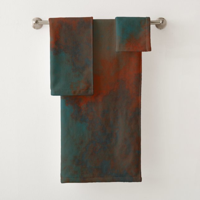 Conjunto De Toalhas Abstrato de mármore em ferrugem e em teal (Insitu)
