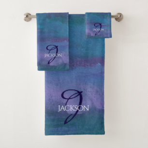 Conjunto De Toalhas Abstrato de Omã Azul Monograma violeta teal