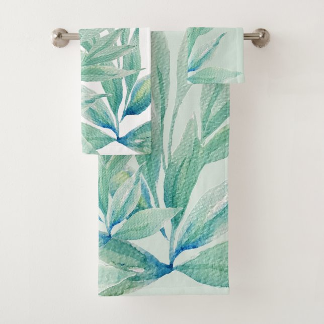 Conjunto De Toalhas Abstrato do Oceano Azul Moderno - Plantas Aquarela (Insitu)