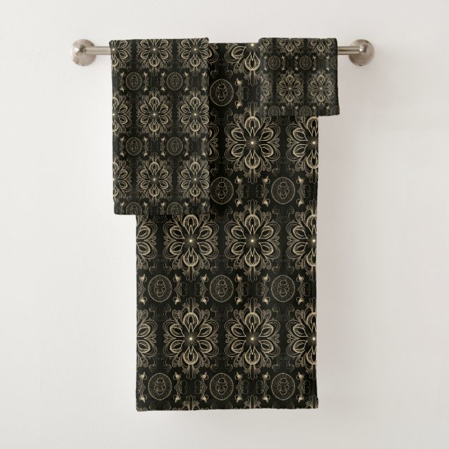 Conjunto De Toalhas Abstrato Floral Preto E Dourado (Insitu)