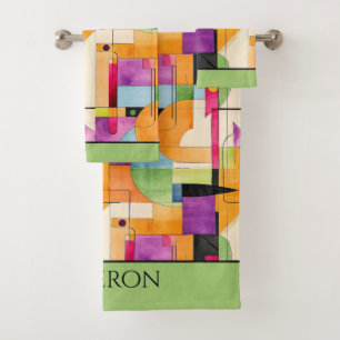 Conjunto De Toalhas Abstrato Geométrico em Laranja, Verde e Roxo