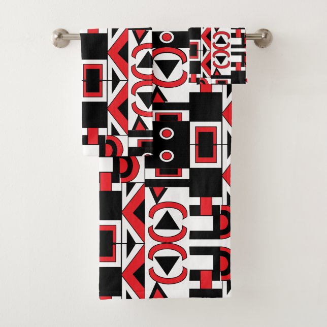 Conjunto De Toalhas Abstrato Geométrico Padrão Vermelho Preto Moderno (Insitu)