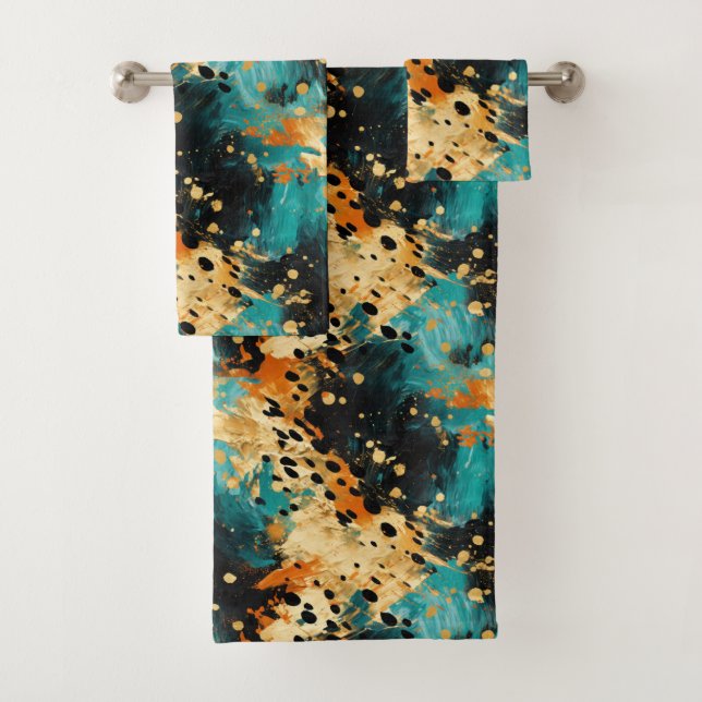 Conjunto De Toalhas Abstrato-leopardo-laranja Dourado-Aqua (Insitu)