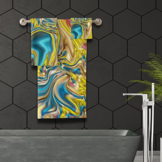 Conjunto De Toalhas abstrato marble espirra azul-azul-turquesa-lacrime (abstract marble swirls yellow teal turquoise blue bath towel set)