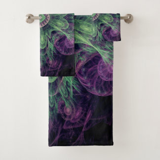 Conjunto De Toalhas Abstrato moderno - Roxo Fractal e Design Verde