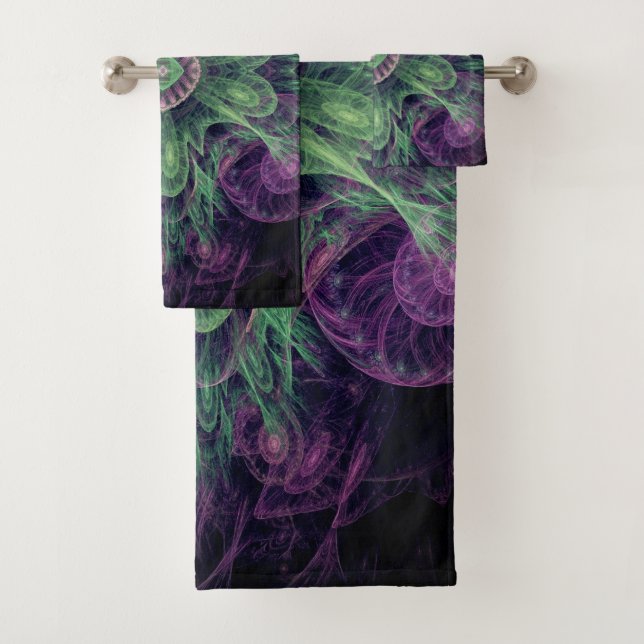 Conjunto De Toalhas Abstrato moderno - Roxo Fractal e Design Verde (Insitu)