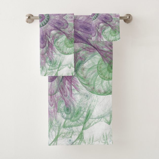 Conjunto De Toalhas Abstrato moderno - Roxo Fractal e Design Verde (Insitu)