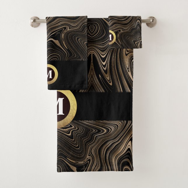 Conjunto De Toalhas Abstrato preto e Dourado, monograma (Insitu)