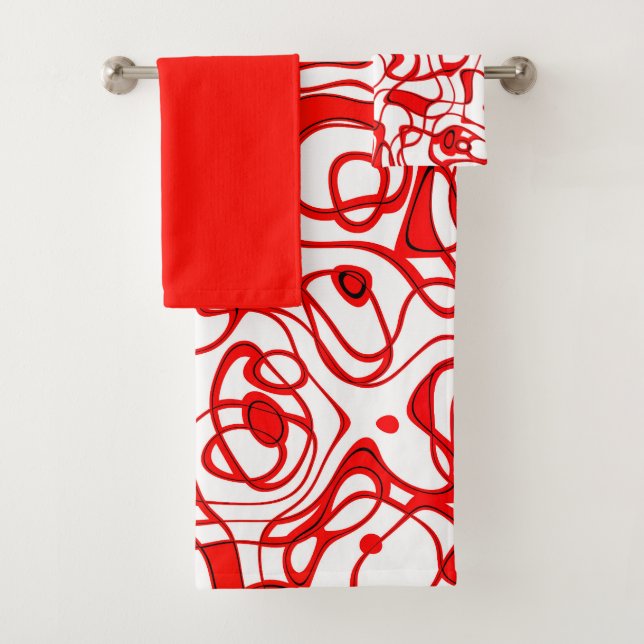 Conjunto De Toalhas Abstrato preto, vermelho e branco marmoreado (Insitu)