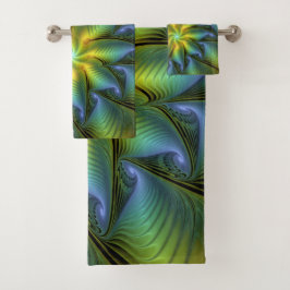 Conjunto De Toalhas Abstrato Star, Ouro Verde brilhante Arte Fractal