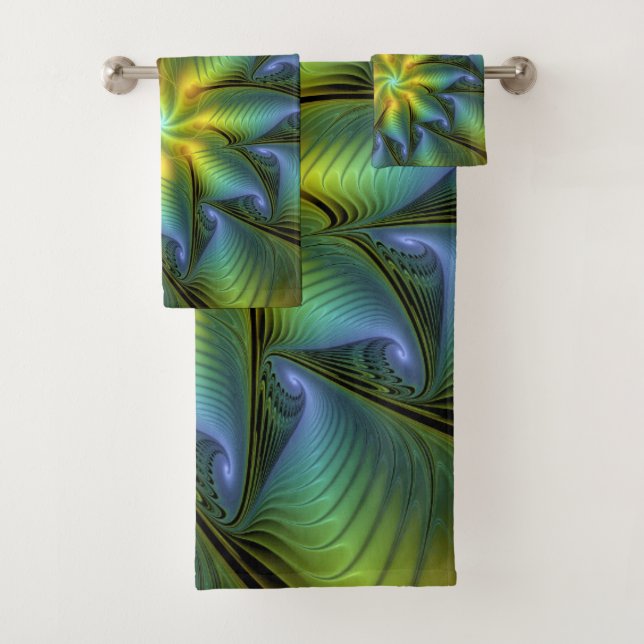 Conjunto De Toalhas Abstrato Star, Ouro Verde brilhante Arte Fractal (Insitu)