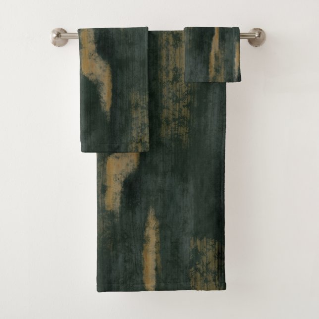 Conjunto De Toalhas Abstrato Suave Matiz Verde Profundo e Dourado (Insitu)