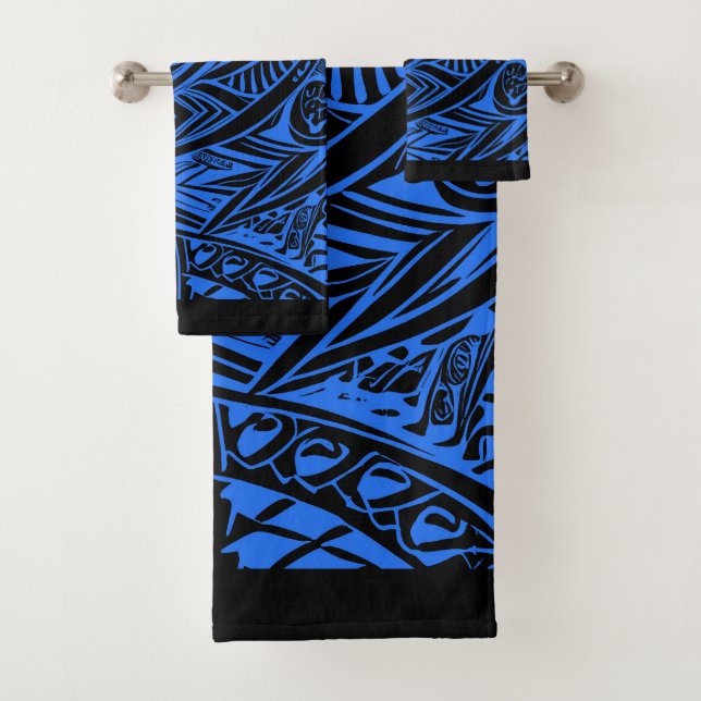 Conjunto De Toalhas Abstrato Tribal Negro E Azul (Insitu)