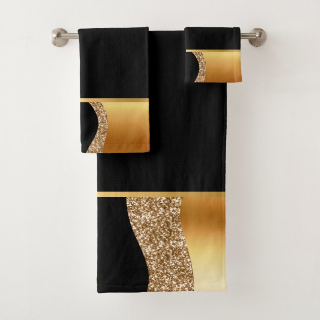 CONJUNTO DE TOALHAS ABSTRATO WAVE PRETA 2 BANTHROOM DOURADO DEFINIDO (Insitu)