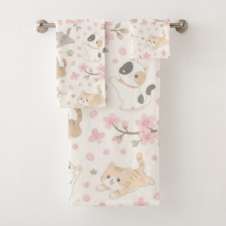 Conjunto De Toalhas Adoráveis Gatinhos Chibi e Flores de Cerejeira