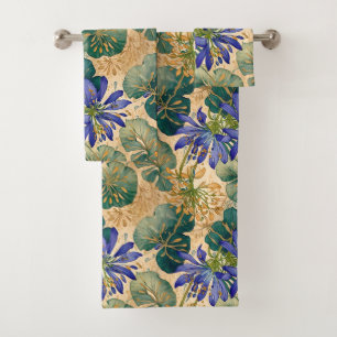 Conjunto De Toalhas Agapanthus Azul Profundo em Tan