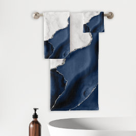 Conjunto De Toalhas Ágata Azul Marinho Brilho Prata Mármore Branco