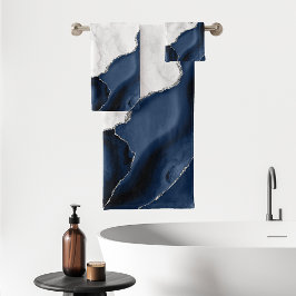 Conjunto De Toalhas Ágata Azul-Marinho Brilho Prateado Mármore Branco