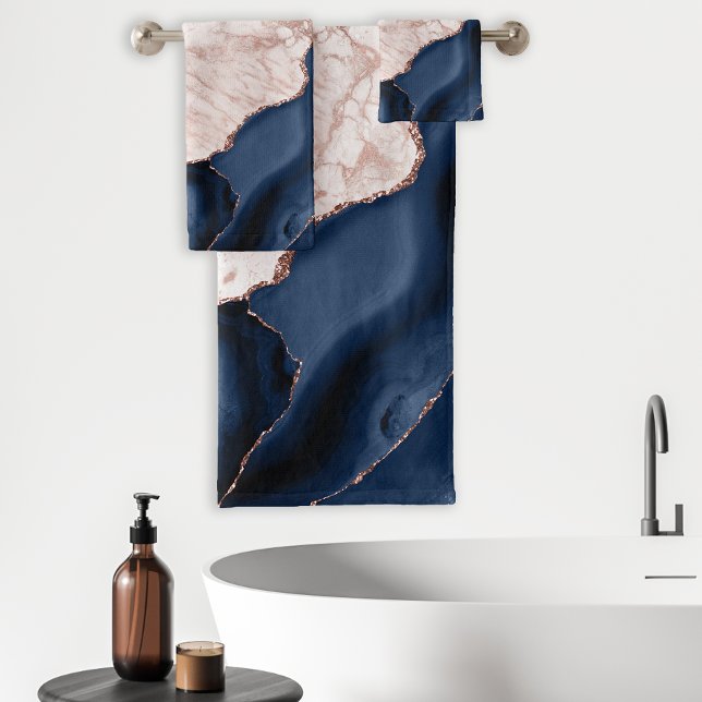 Conjunto De Toalhas Ágata Azul Marinho Mármore Dourado Rosa (Criador carregado)