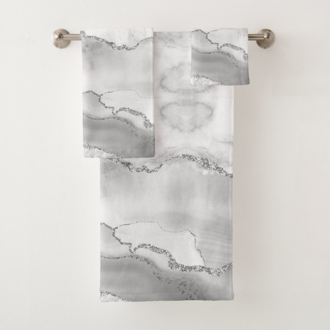 Conjunto De Toalhas Ágata Branca Moderna Mármore Prateado Falso Brilha (Insitu)