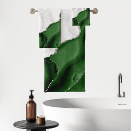 Conjunto De Toalhas Ágata Verde Caçador Mármore Branco Brilho Prata