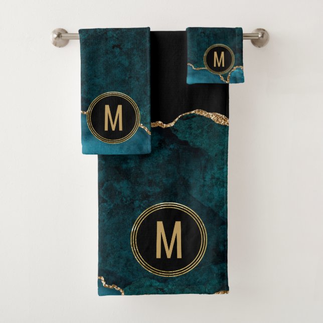 Conjunto De Toalhas Agate Dourado Azul Monograma (Insitu)