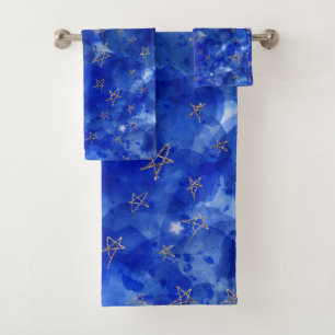 Conjunto De Toalhas Água-forte Azul Caprichosa Lua Estrelas Bronze Dou