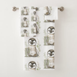 Conjunto De Toalhas Alfabeto de Animais Bebês em Aquarela Fofa Pinguim