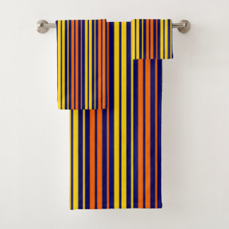 Conjunto De Toalhas Amarelo e Laranja Listras Verticais Azul Marinho
