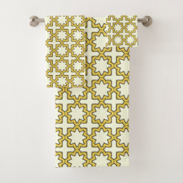 Conjunto De Toalhas Amarelo e marrom com padrão geométrico 