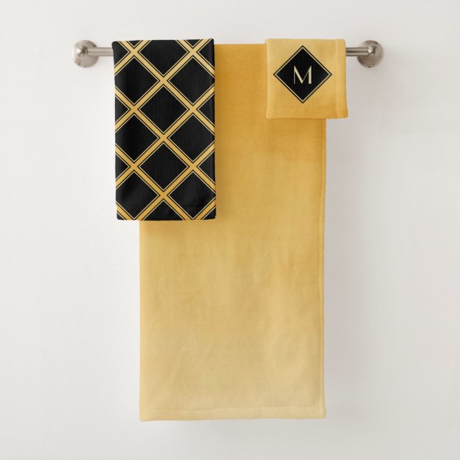Conjunto De Toalhas Amarelo escovado elegante com monograma Dourado (Insitu)