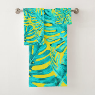 Conjunto De Toalhas Amarelo & Turquesa Folhas de Palmeira Tropical Ilh
