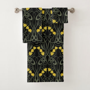 Conjunto De Toalhas Amarelos Narcisos e Caules Preto Art Nouveau