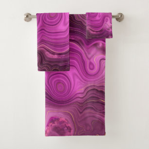 Conjunto De Toalhas Ametista Roxo E Agato De Abstrato Dourado