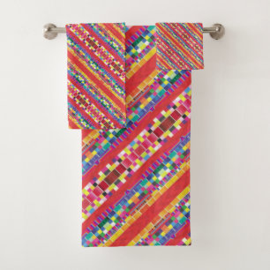Conjunto De Toalhas amostras vermelhas, listras e pixels coloridos