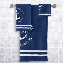 Conjunto De Toalhas Anchor Náutico Branco Azul-Marinho Moderno
