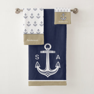 Conjunto De Toalhas Anchor Náutico, Monograma, Costura Branca Azul