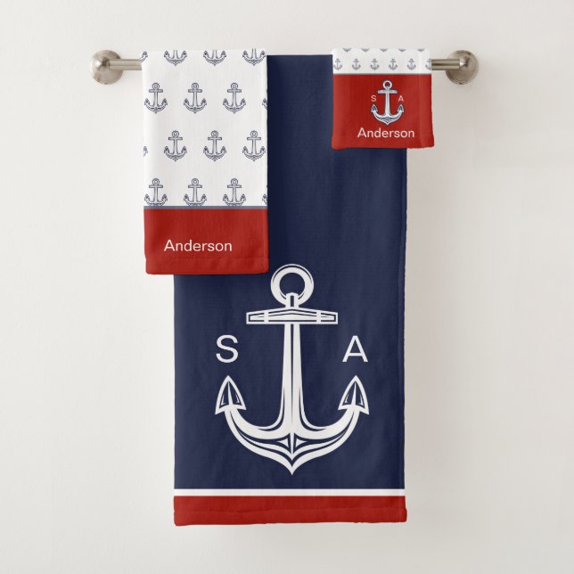 Conjunto De Toalhas Anchor Náutico Vermelho Branco, Azul, Monograma (Insitu)