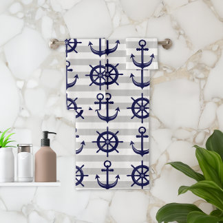 Conjunto De Toalhas Âncora Azul Marinho Roda de Barco Faixa Cinza Náut
