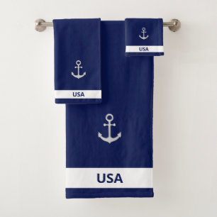 Conjunto De Toalhas Âncora Cinza Prata no Azul Marinho & Branco