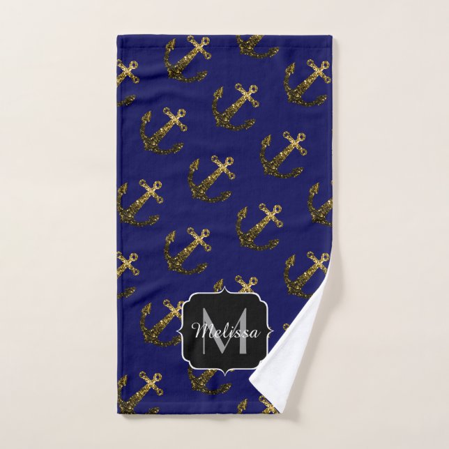 Conjunto De Toalhas Âncora com brilho dourado falsa padrão azul Monogr (Toalha de mão)