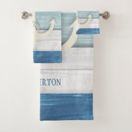 Conjunto De Toalhas Âncora de Madeira Desgastada Azul Náutico Praia