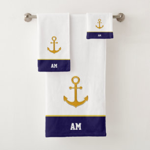 Conjunto De Toalhas Âncora dourada e monograma em azul marinho e branc