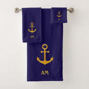 Conjunto De Toalhas Âncora dourada em azul marinho