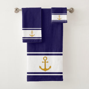 Conjunto De Toalhas Âncora dourada náutica em azul marinho e branco