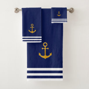 Conjunto De Toalhas Âncora Dourada Náutica & Listras em Azul Marinho