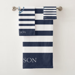 Conjunto De Toalhas Âncora Listrada Azul Marinho e Branco Náutico