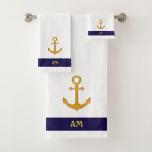 Conjunto De Toalhas Âncora náutica & caligrafia em branco & azul marin