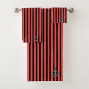 Conjunto De Toalhas Âncora Náutica Vermelha Negra